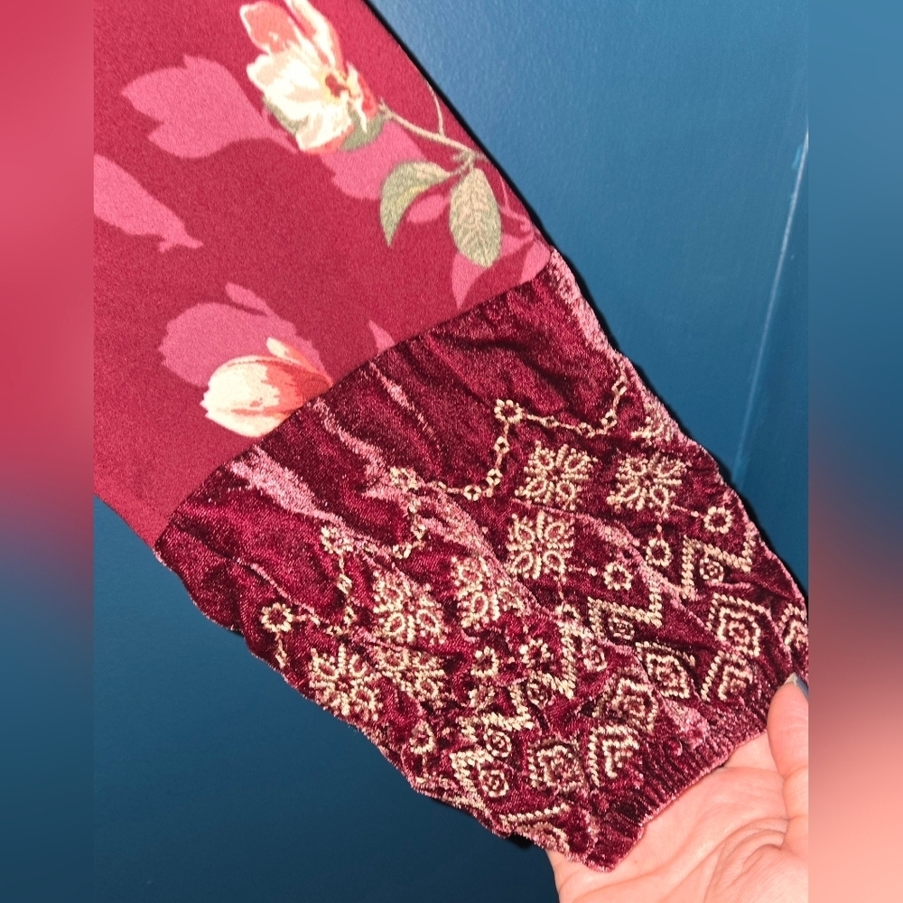 Burgundy Bishop Sleeve Floral Blouse with velvet accents, Size Small - Picture 7 of 14